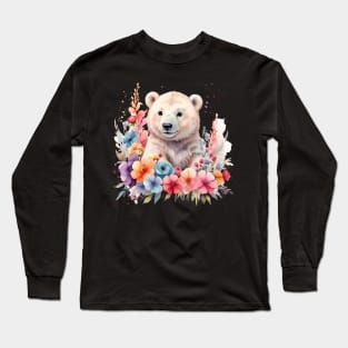 A polar bear decorated with beautiful watercolor flowers Long Sleeve T-Shirt